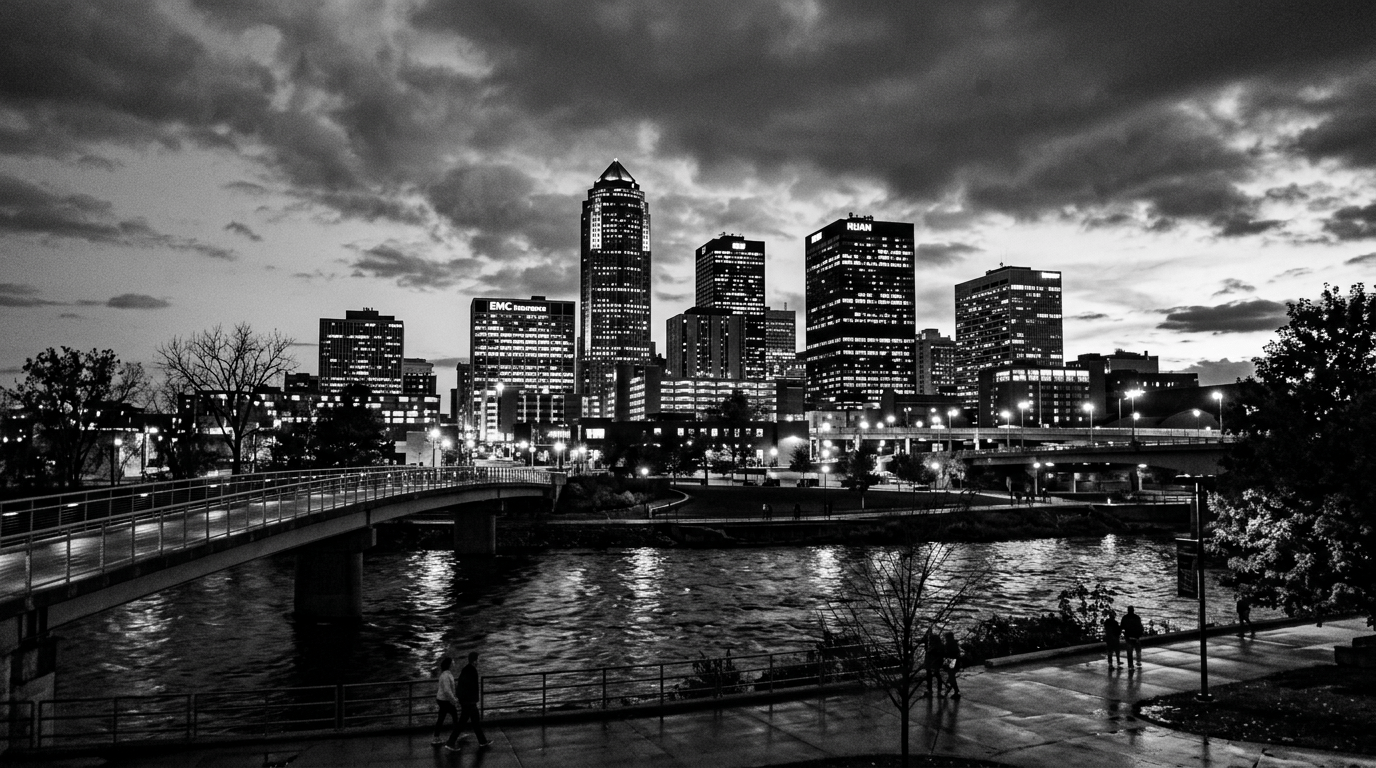 Black-and-white city skyline with illuminated buildings, bridges, river, and pedestrians